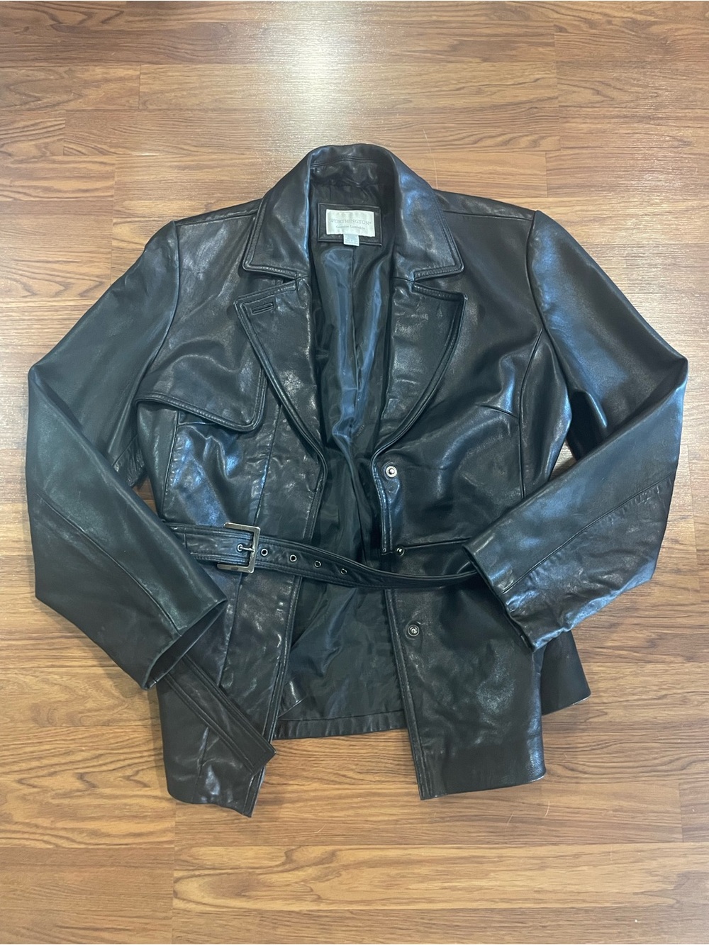 Worthington Genuine Lambskin Black Leather Belted Trench Jacket - Women’s Size L